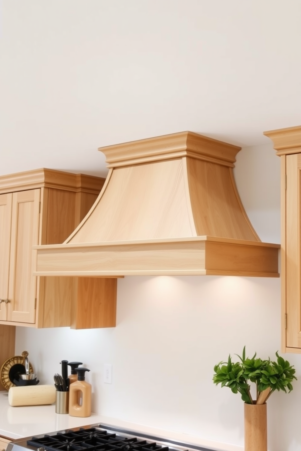 A light wood kitchen hood with a natural finish hangs gracefully above a spacious cooking area. The hood features clean lines and a minimalist design, complementing the surrounding cabinetry and enhancing the overall warmth of the kitchen.