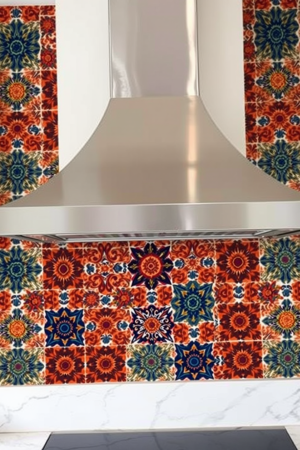 A stunning kitchen hood design featuring bold patterned tiles that create a vibrant backdrop. The hood itself is a sleek stainless steel with a modern shape, complementing the intricate tile work below.