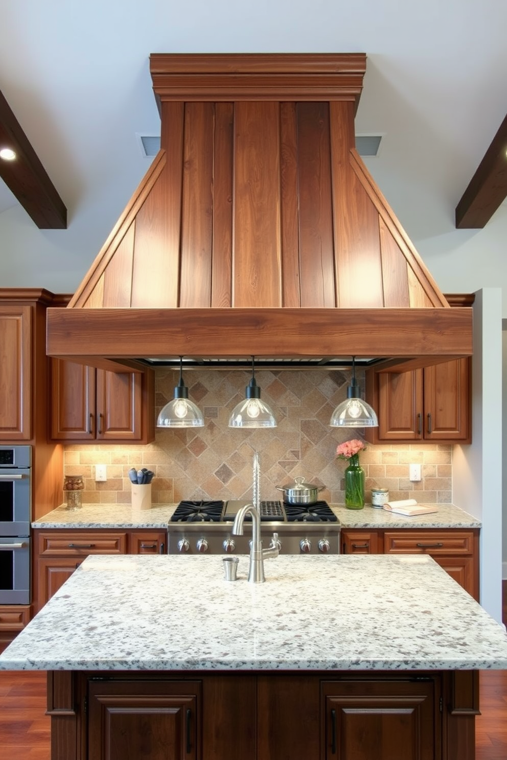 A rustic wooden range hood is the centerpiece of the kitchen, crafted from reclaimed wood with a weathered finish. It features exposed beams that add character and warmth, seamlessly blending with the surrounding cabinetry. The kitchen is designed with a spacious layout, showcasing a large island topped with a polished granite countertop. Pendant lights hang above the island, providing a cozy ambiance that complements the rustic elements of the range hood.