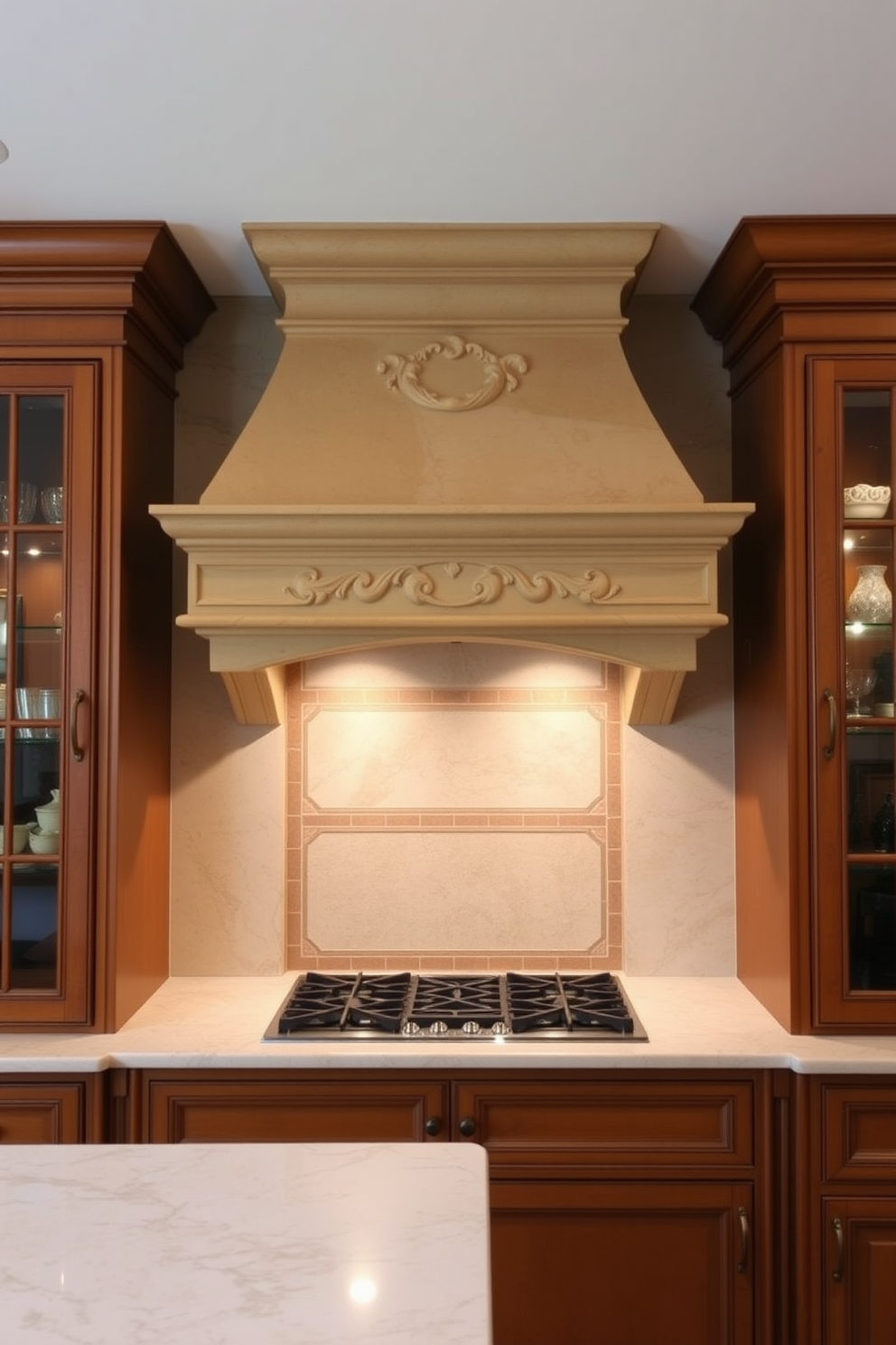 A classic stone range hood with a mantel is the centerpiece of this elegant kitchen. The hood features intricate carvings and a warm, neutral stone finish that complements the surrounding cabinetry. Flanking the hood, custom-built cabinets showcase glass doors and decorative molding. The countertop is made of polished marble, adding a luxurious touch to the overall design.