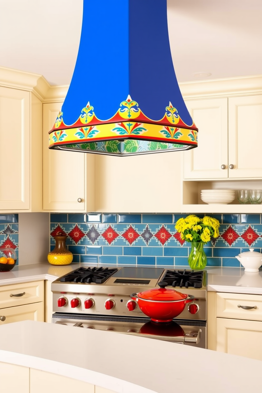 A retro enamel kitchen hood in vibrant colors hangs above a sleek kitchen island. The hood features bold patterns that complement the surrounding cabinetry and backsplash, creating a lively focal point in the space.