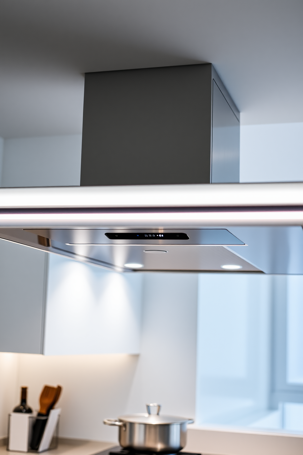 A high-tech kitchen hood features sleek lines and a minimalist design. Integrated LED lighting illuminates the cooking area, creating a modern ambiance.