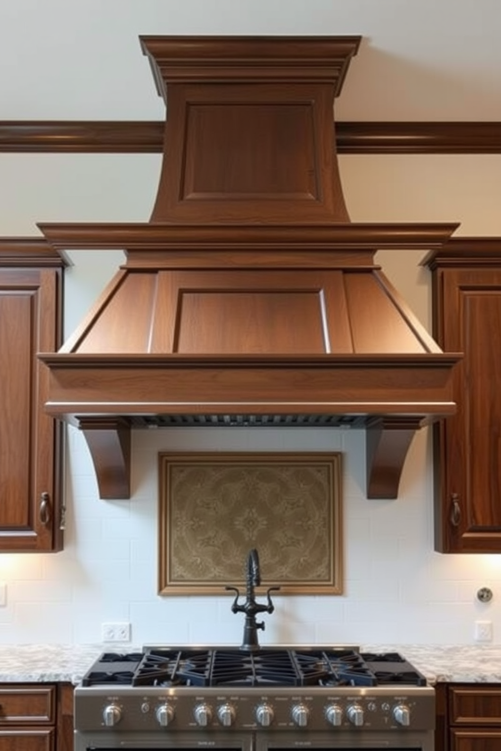 A charming kitchen hood features intricate decorative metalwork that adds character to the space. The hood is framed by elegant cabinetry, creating a cohesive and stylish focal point in the kitchen.