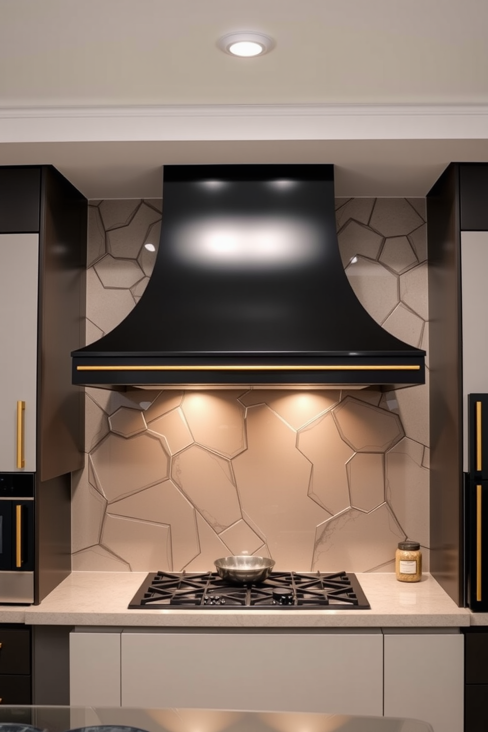 A sophisticated black and gold kitchen hood design features a sleek black finish with elegant gold accents that create a striking focal point in the kitchen. The hood is complemented by modern cabinetry and a stylish backsplash, enhancing the overall luxury of the space.