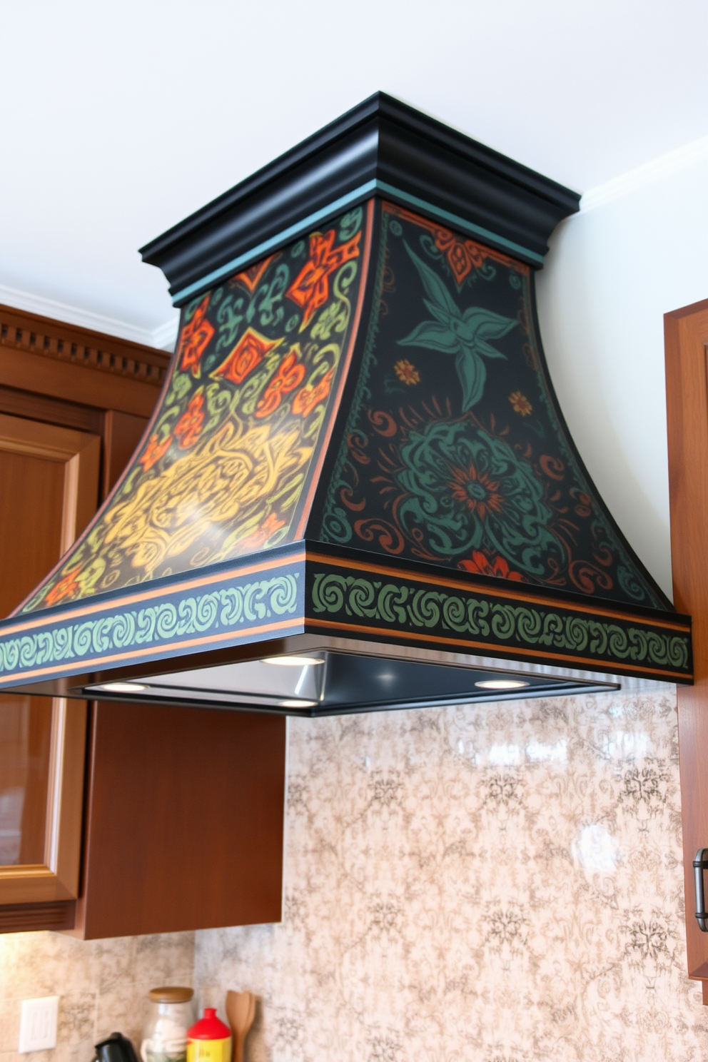 A stunning kitchen hood features a custom painted design that showcases intricate patterns and vibrant colors. The hood serves as a focal point in the kitchen, seamlessly blending functionality with artistic expression.