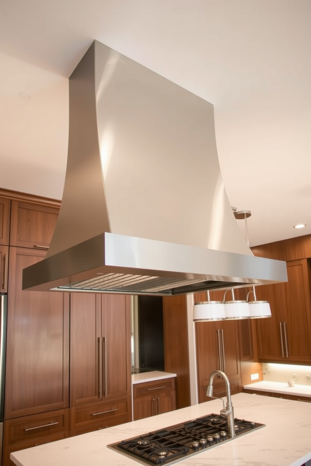 A modern kitchen hood design featuring a sleek stainless steel finish with a built-in spice rack integrated seamlessly into the structure. The hood is suspended above a spacious kitchen island, surrounded by elegant cabinetry and contemporary pendant lighting.