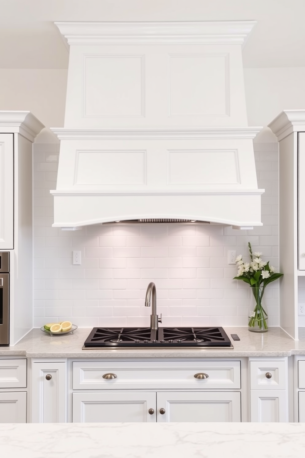 A classic white shaker style kitchen hood is the focal point of this elegant kitchen design. It features clean lines and a timeless appeal, seamlessly blending with the surrounding cabinetry. The hood is complemented by a beautiful backsplash of white subway tiles, adding a touch of sophistication. Below, a spacious kitchen island with a marble countertop invites both cooking and gathering.