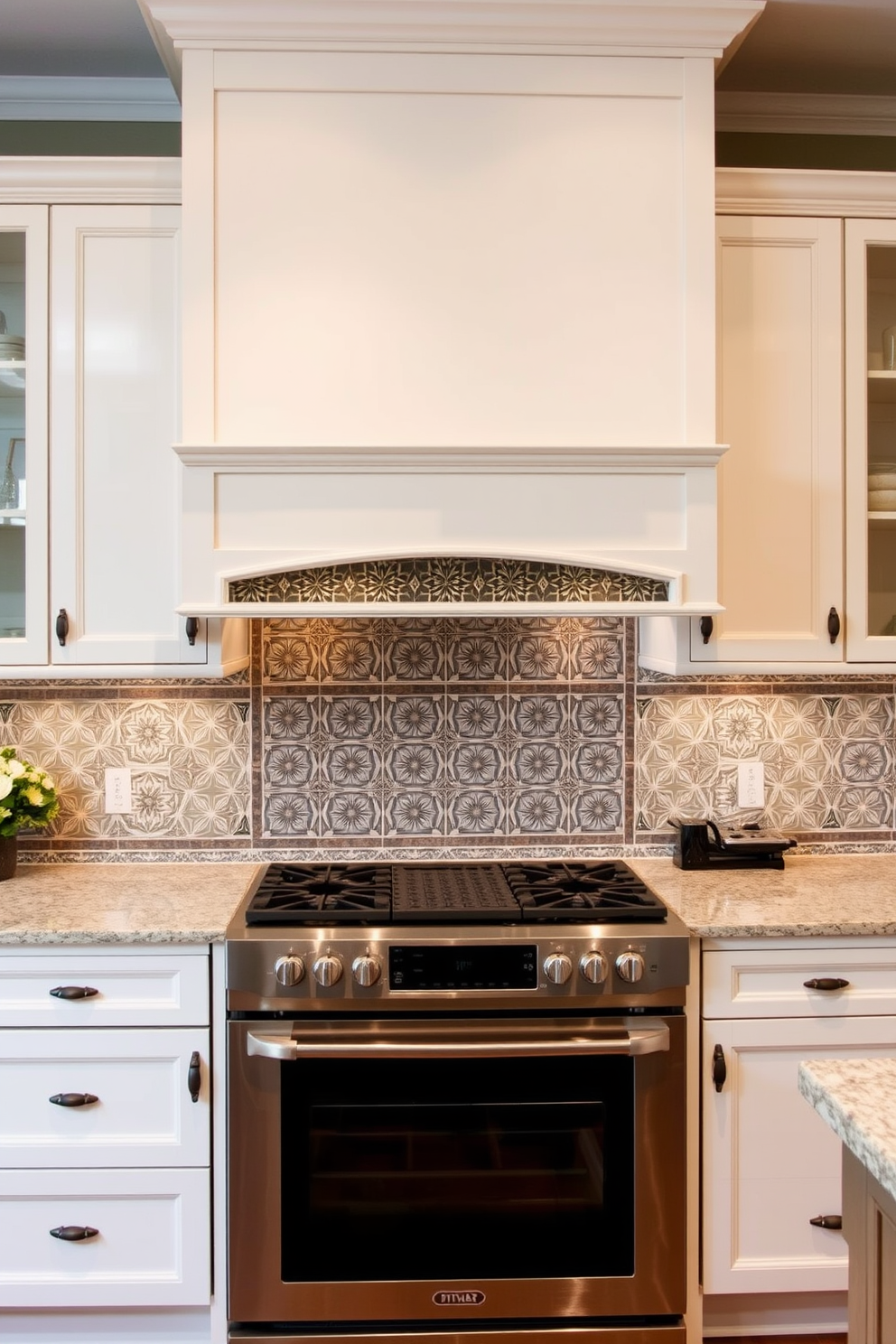 A custom tile backsplash features intricate patterns that complement the overall kitchen design. The integrated hood seamlessly blends into the cabinetry, creating a cohesive and stylish look.