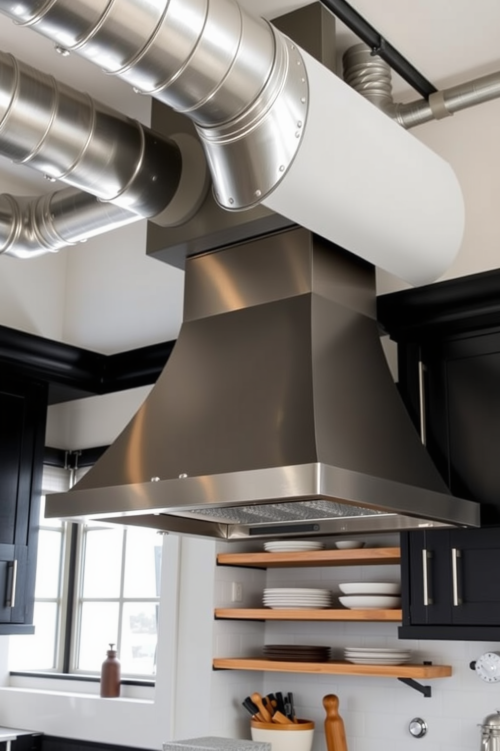 A striking industrial style kitchen hood features exposed ductwork that adds a raw and edgy aesthetic to the space. The hood is made of brushed stainless steel with riveted details, complementing the dark cabinetry and open shelving in the room.