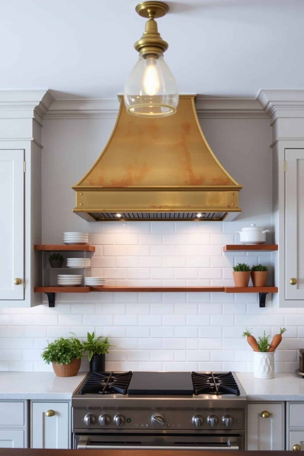 A vintage-inspired brass range hood hangs elegantly above a classic farmhouse-style kitchen island. The hood features intricate detailing and a warm patina that complements the surrounding cabinetry and white subway tile backsplash. Below the range hood, a professional-grade stove is flanked by open shelving displaying rustic dishware and herbs in decorative pots. Soft, ambient lighting from pendant fixtures casts a warm glow, enhancing the inviting atmosphere of the kitchen.