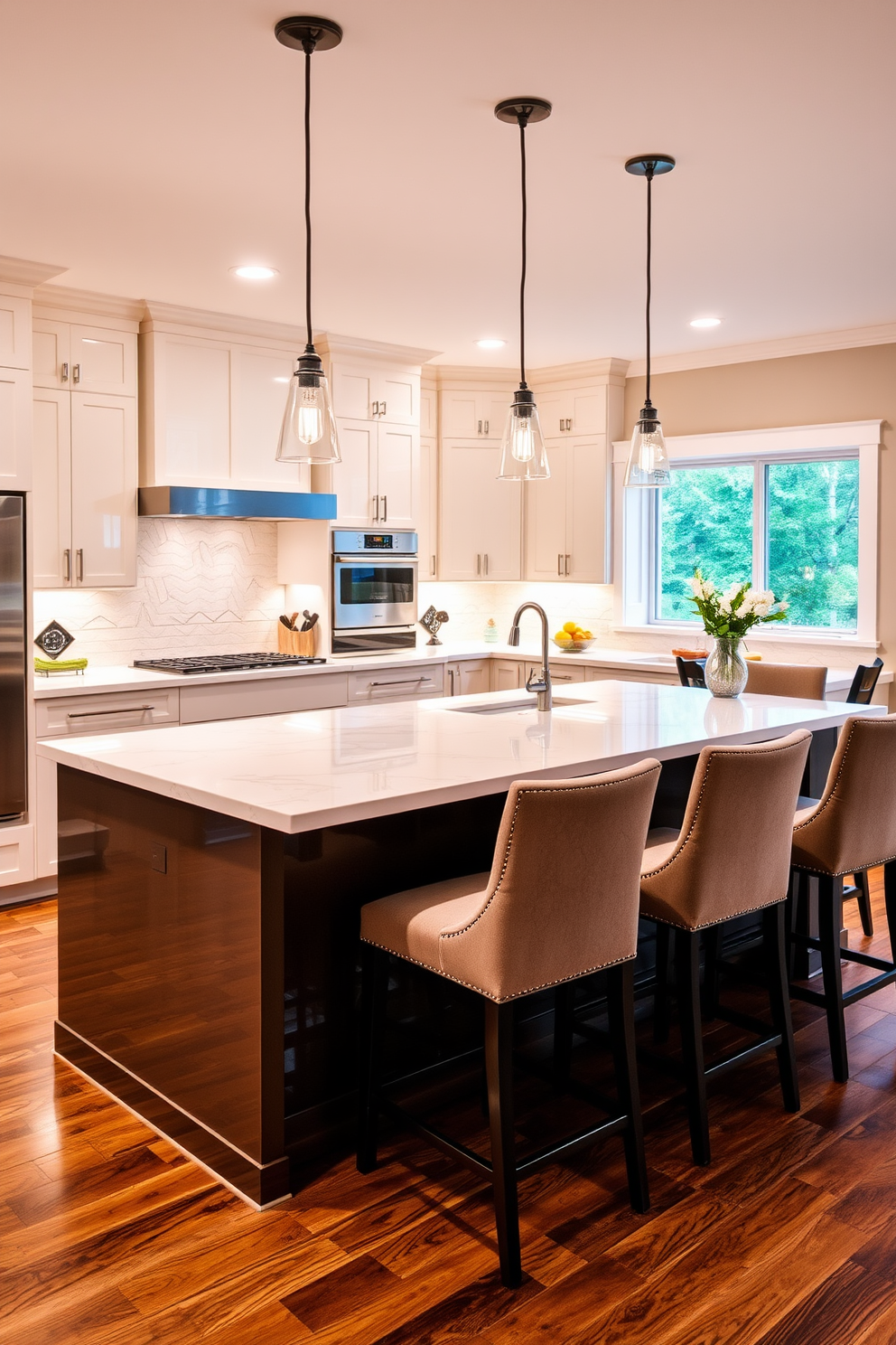 A spacious open concept kitchen features a large island with sleek quartz countertops. Bar seating is arranged on one side with stylish high stools, creating an inviting space for casual dining and socializing. The kitchen showcases modern cabinetry in a soft white finish, complemented by brushed nickel hardware. Large pendant lights hang above the island, providing both illumination and a touch of elegance to the design.