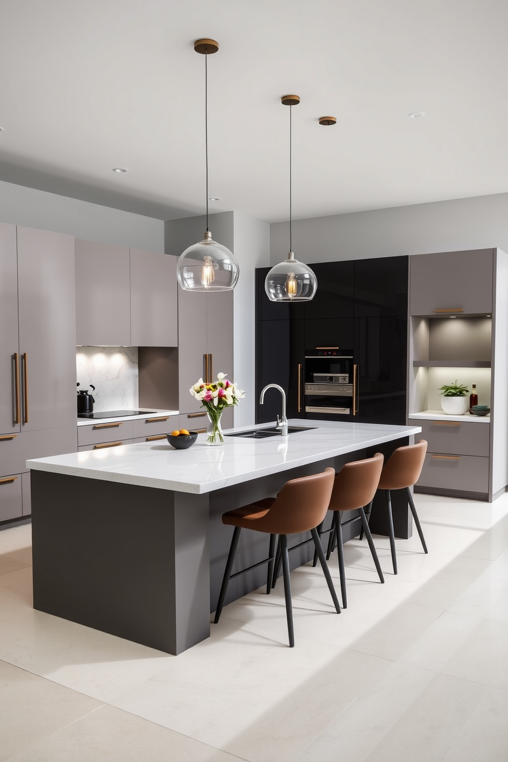 A modern kitchen featuring a spacious island with a sleek quartz countertop. The island is surrounded by high-backed stools in a contrasting color, creating an inviting space for gatherings. Pendant lighting hangs elegantly above the island, providing stylish illumination and enhancing the overall ambiance. The cabinetry is a mix of matte and glossy finishes, adding depth and interest to the design.