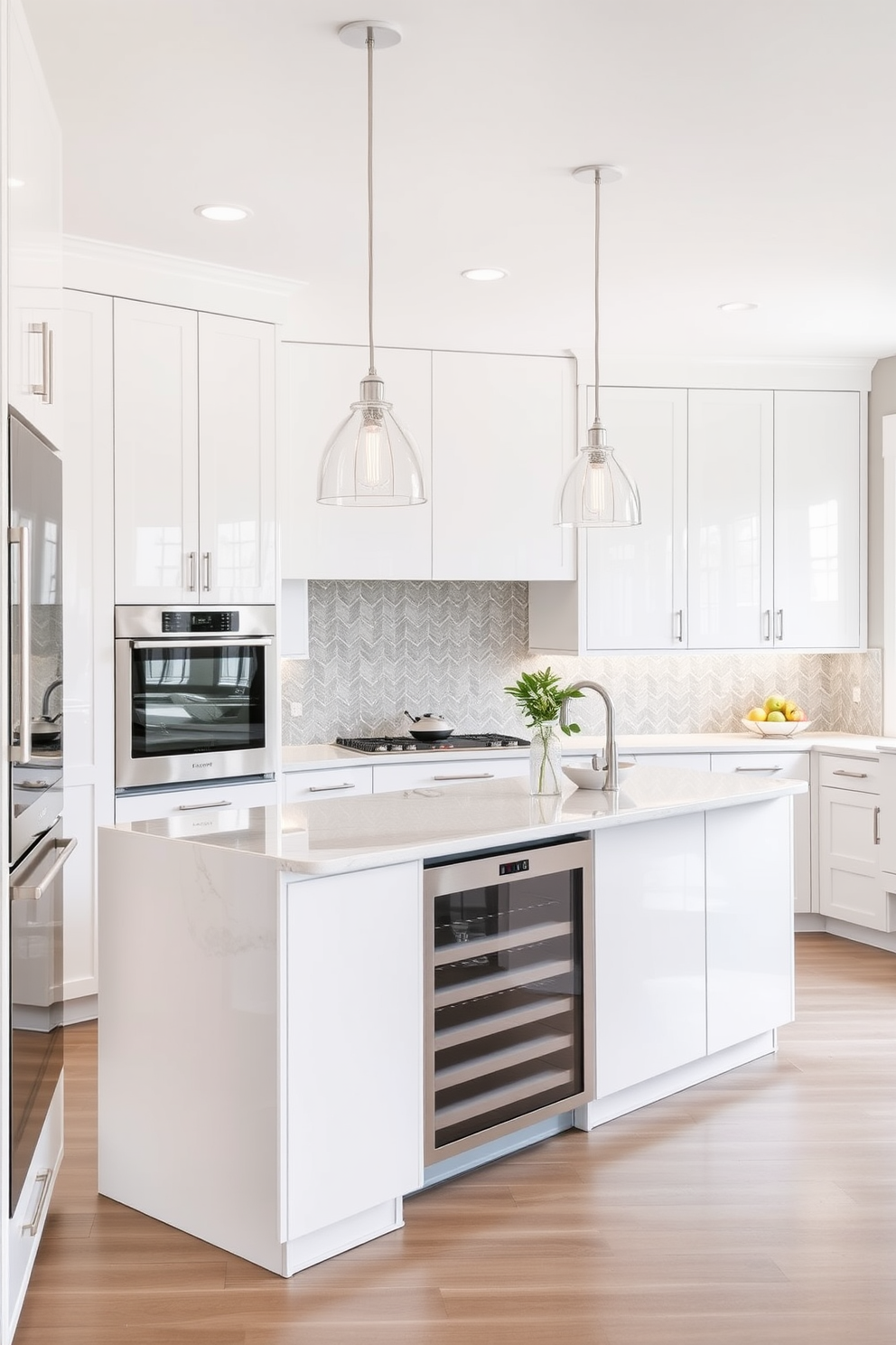 A modern kitchen featuring built-in appliances seamlessly integrated into sleek cabinetry. The kitchen island is central to the design, showcasing a waterfall countertop with ample seating and stylish pendant lighting above. The cabinetry is finished in a glossy white, creating a bright and airy atmosphere. Complementing the island, the backsplash is adorned with geometric tiles in soft gray tones, adding texture and visual interest.