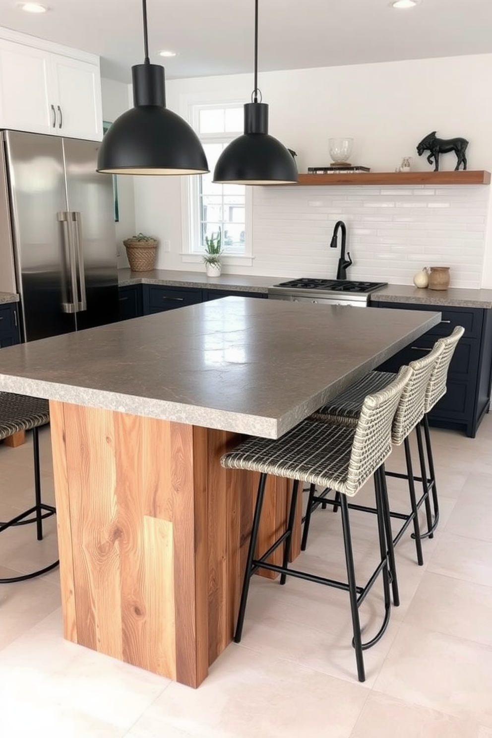 A contemporary kitchen island features a textured stone surface that adds depth and intrigue. The base is crafted from reclaimed wood, showcasing natural grains and knots, enhancing the rustic charm of the space. Surrounding the island, stylish bar stools with woven fabric upholstery provide comfort and elegance. Pendant lights with a matte black finish hang above, casting a warm glow that highlights the unique textures of the island.