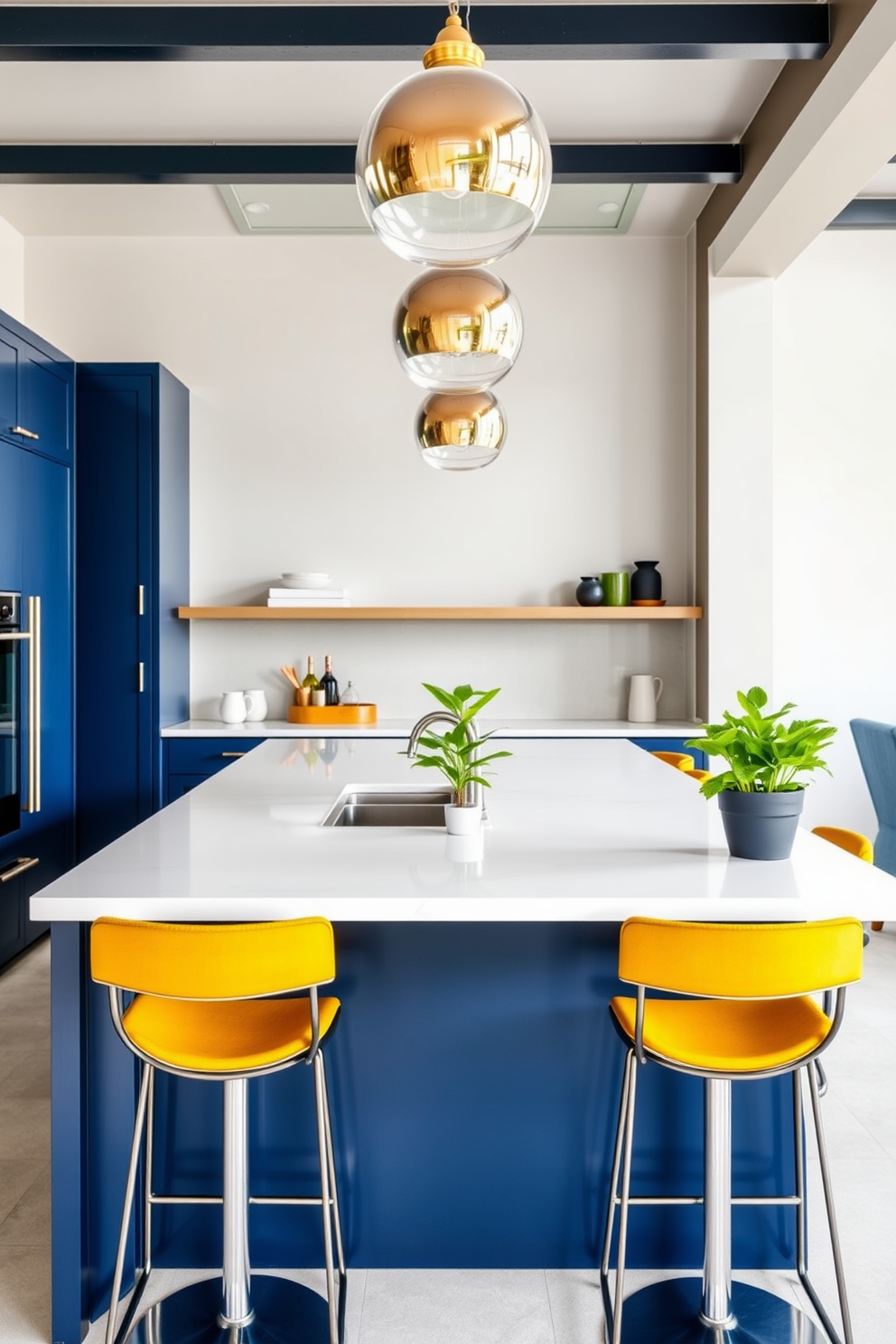 A striking kitchen island features a deep navy blue base with a crisp white countertop, creating a stunning contrast. Overhead, pendant lights with brass finishes illuminate the space, adding warmth and elegance. The island is surrounded by sleek bar stools upholstered in a vibrant mustard yellow fabric, enhancing the bold color palette. A vibrant green potted plant sits at one end, bringing a touch of nature into the modern design.