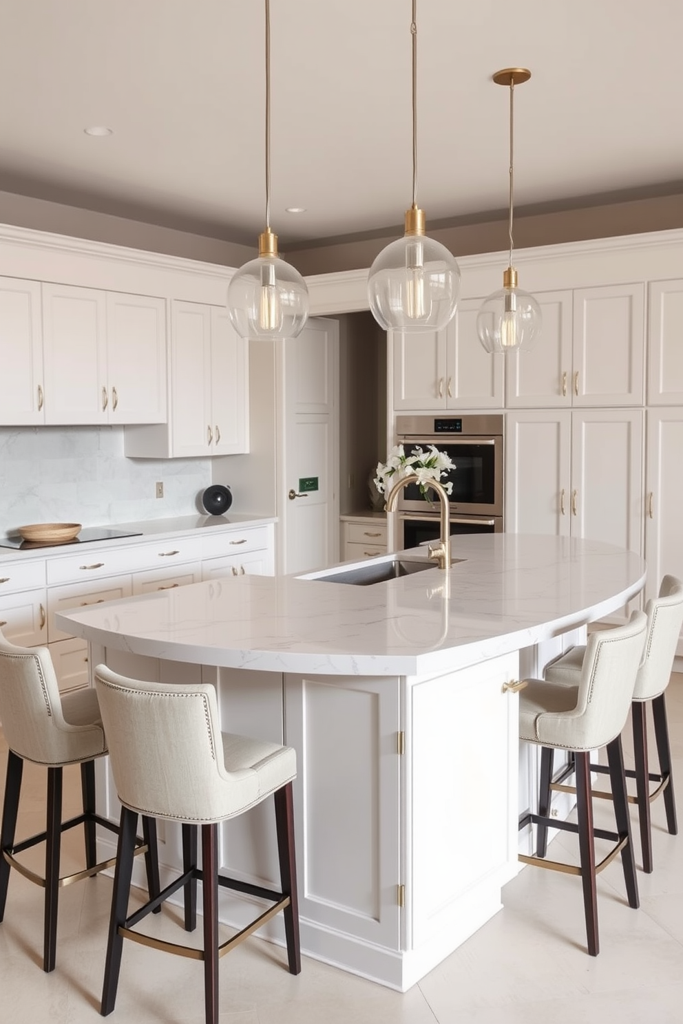 A contemporary kitchen featuring a two-tone island with a sleek white countertop and a dark navy blue base. Surrounding the island are high-backed stools in a matching navy fabric, providing a stylish seating area for casual dining. The cabinetry in the kitchen is a crisp white, complementing the island's design while offering ample storage space. Large windows above the sink bring in natural light, enhancing the modern aesthetic of the space.