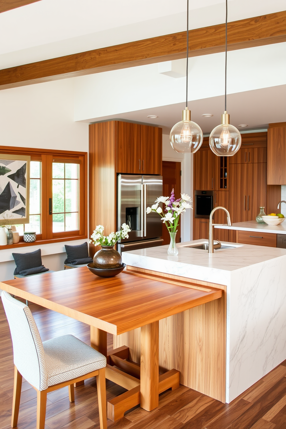 A drop-leaf extension table elegantly expands to accommodate more guests. Its sleek design features a warm wood finish that complements the surrounding decor. The kitchen island showcases a modern aesthetic with a waterfall countertop and integrated seating. Pendant lights hang above, illuminating the space and creating a welcoming atmosphere.