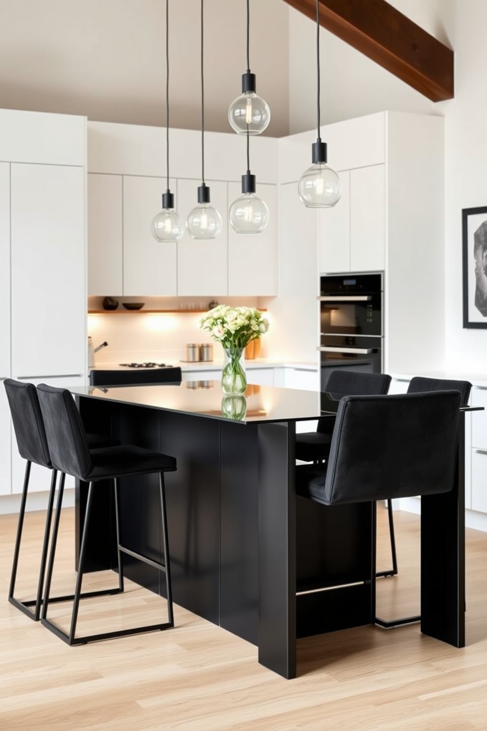 A sleek kitchen island featuring a glass top that adds a contemporary touch. Underneath, a minimalist base in a matte black finish complements the overall design aesthetic. Surrounding the island are high-backed bar stools with plush upholstery for comfort. The space is illuminated by pendant lights hanging gracefully above, enhancing the modern ambiance.