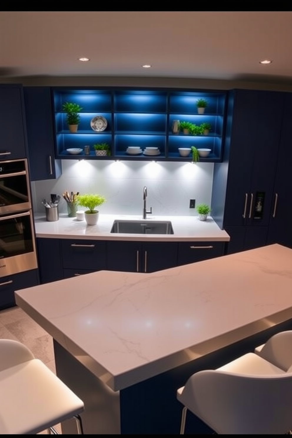 A contemporary kitchen island featuring a textured surface that adds visual interest and depth. The island is topped with a unique stone material, complemented by sleek bar stools in a contrasting color. The cabinetry surrounding the island is a mix of matte and glossy finishes for a modern touch. Pendant lights hang above, casting a warm glow over the workspace, enhancing the inviting atmosphere of the kitchen.