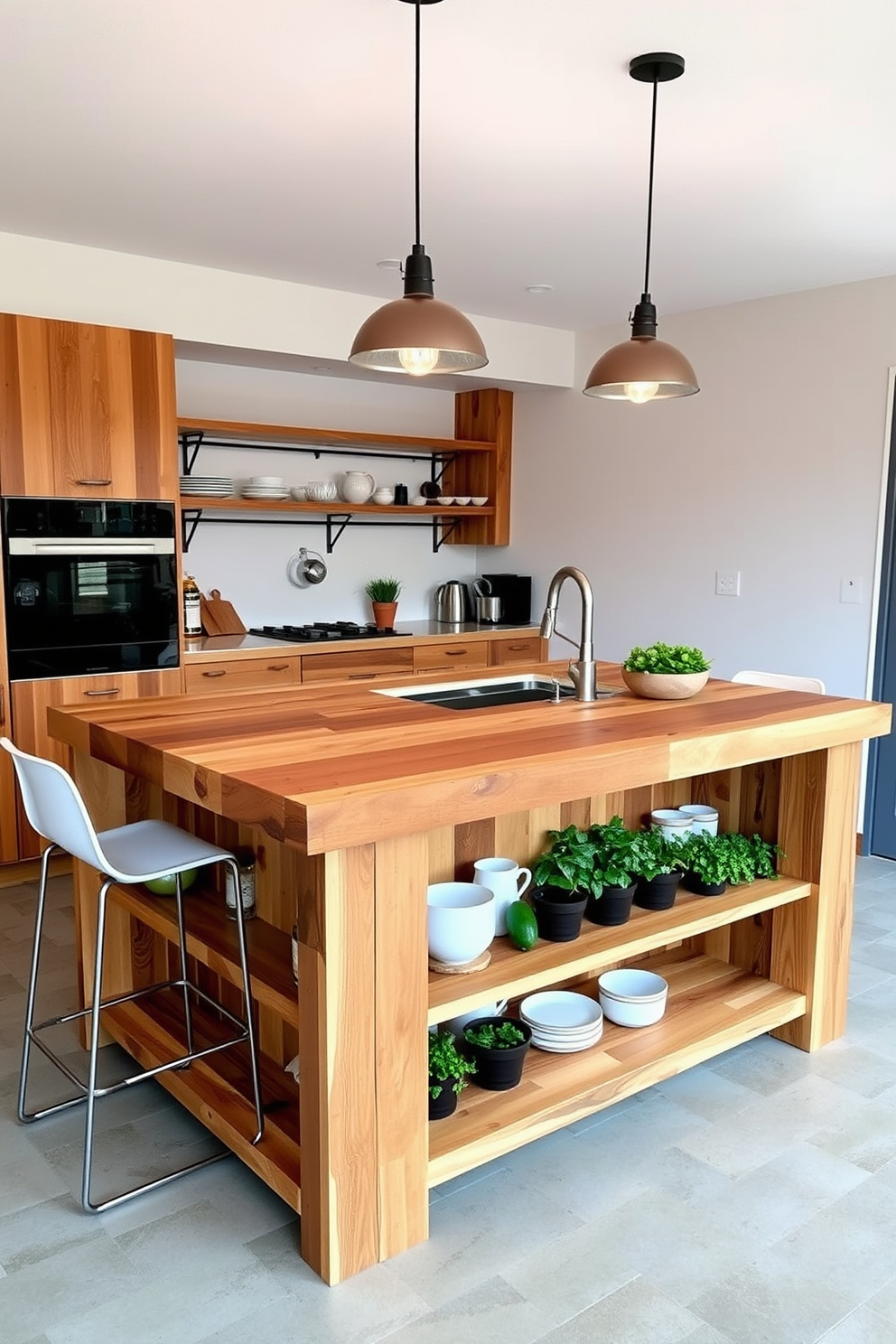 A stunning kitchen island crafted from reclaimed wood showcases an eco-friendly aesthetic. The island features a spacious countertop with natural grain patterns and a rustic finish, complemented by sleek, modern bar stools. Beneath the countertop, open shelving displays an array of organic kitchenware and potted herbs. Pendant lighting with a warm glow hangs above, creating an inviting atmosphere for cooking and entertaining.