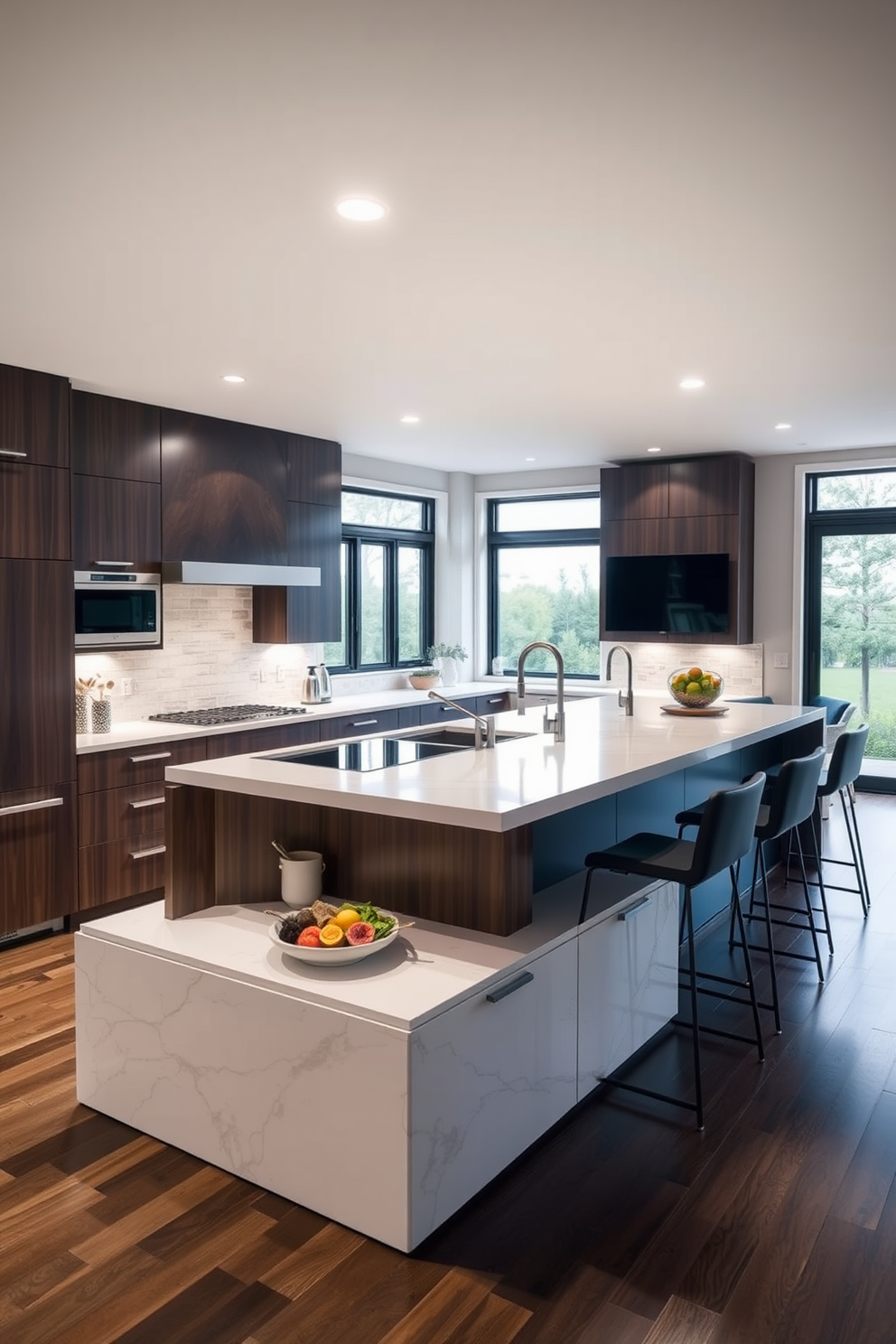 A spacious kitchen featuring a multi-level island designed for functional zones. The island includes a lower section for meal prep with a sleek countertop and an elevated area with bar stools for casual dining.