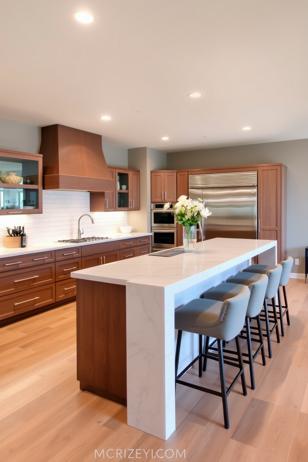 A modern kitchen featuring a spacious island with built-in smart technology for convenience. The island includes a touch screen panel for controlling appliances and a sleek induction cooktop seamlessly integrated into the countertop. Surrounding the island are high-backed stools with ergonomic designs, providing comfort and style. The cabinetry is finished in a glossy white, complemented by brushed metal hardware and under-cabinet LED lighting for a contemporary ambiance.