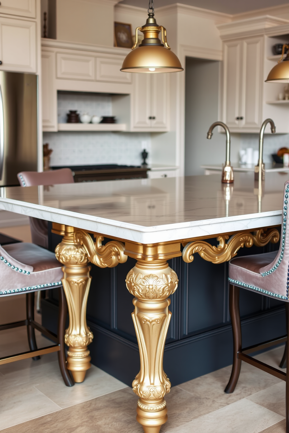 A kitchen island featuring decorative legs that enhance its elegance. The legs are intricately carved with floral motifs and finished in a soft gold hue, complementing the overall design. The island countertop is made of polished quartz with subtle veining, providing a luxurious surface for meal preparation. Surrounding the island are stylish bar stools with plush upholstery that invites comfort and sophistication.