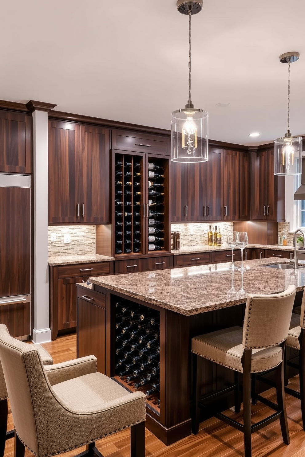 A modern kitchen featuring a large central island with a sleek quartz countertop. Accent lighting hangs above the island, illuminating the space with a warm glow and highlighting the minimalist design. The cabinetry is a blend of white and natural wood finishes, creating a bright and inviting atmosphere. Stylish bar stools line the island, providing a perfect spot for casual dining and socializing.