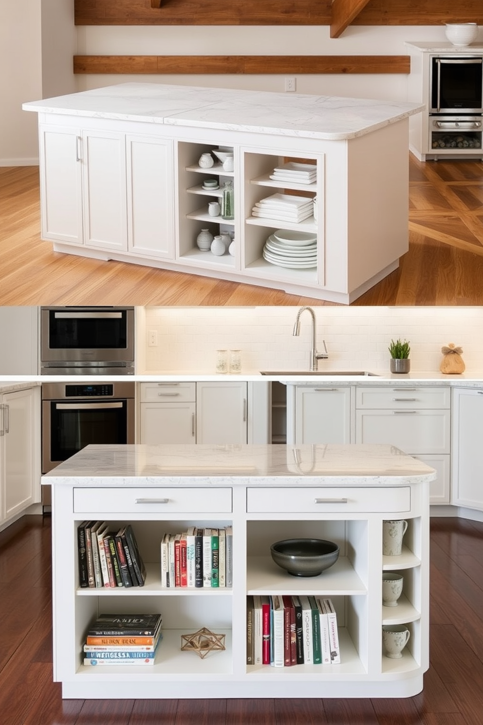 A unique kitchen island designed to fit an unconventional kitchen layout. The island features a curved silhouette with integrated seating and storage solutions that blend seamlessly with the surrounding cabinetry. The surface is crafted from a stunning quartz material with a waterfall edge, providing a modern touch. Underneath, open shelving showcases decorative dishware and cookbooks, adding both functionality and style.