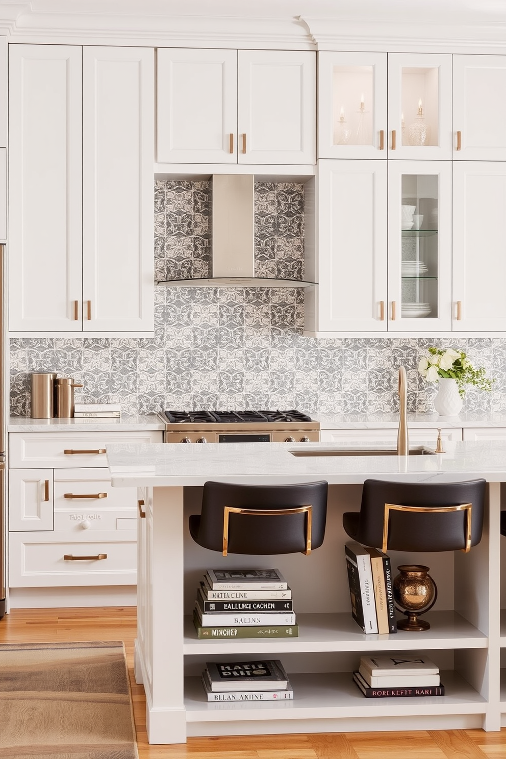 A modern kitchen featuring a large island with a sleek quartz countertop. The island is surrounded by high-backed stools upholstered in a vibrant fabric that complements the kitchen decor. The cabinetry is painted in a soft white, with accent colors of navy blue and gold accents throughout the space. Pendant lights hang above the island, adding warmth and style to the overall design.