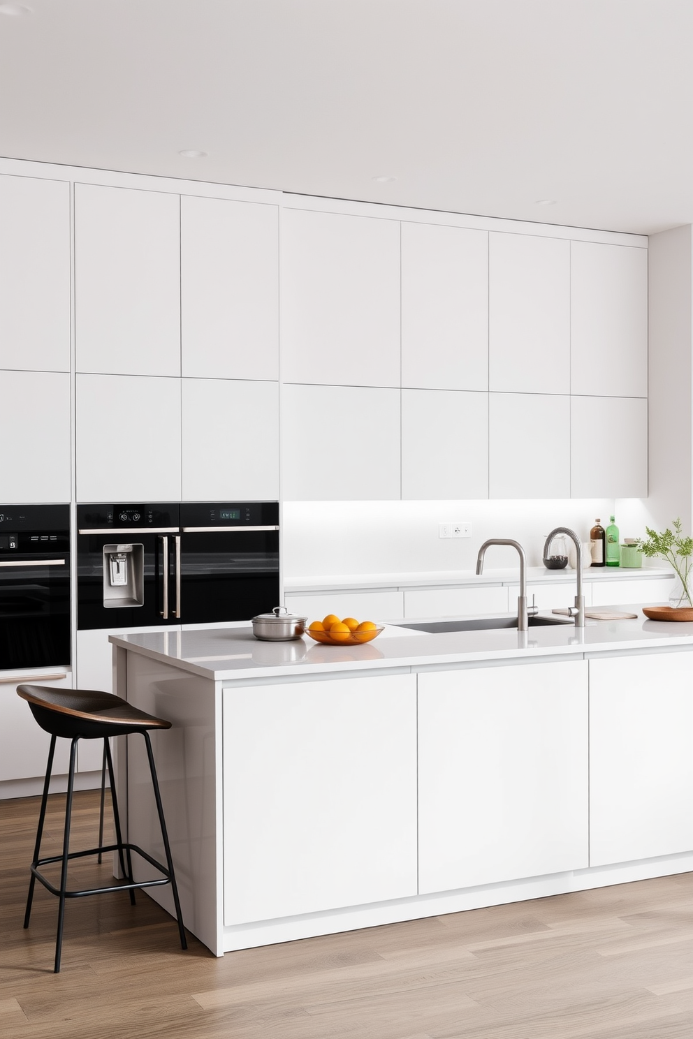 A modern kitchen featuring a large island with seamless cabinetry that conceals storage for pots and pans. The island is topped with a sleek quartz surface, complemented by stylish bar stools that invite casual dining. The cabinetry is finished in a soft matte white, creating a fresh and airy atmosphere. Under-cabinet lighting illuminates the workspace, highlighting the minimalist design and enhancing the overall aesthetic of the kitchen.