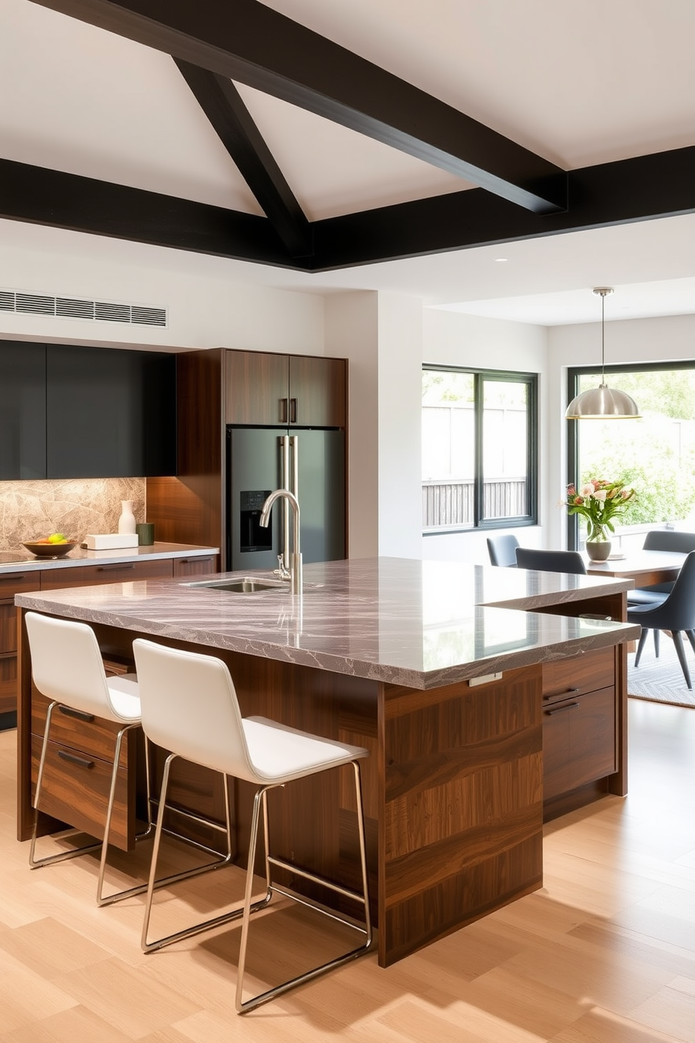 A stunning kitchen island features a wooden base with layered finishes that showcase a mix of natural wood tones and a sleek, polished surface. The island is complemented by modern bar stools and pendant lighting that adds a warm ambiance to the space.