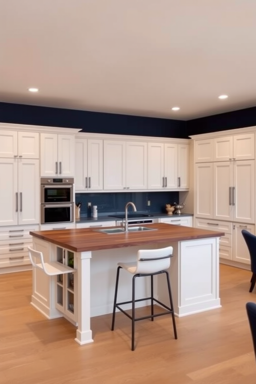 A modern kitchen featuring a large island at the center with a sleek quartz countertop. Above the island, statement pendant lights in an industrial style hang, casting a warm glow over the space. The cabinetry is a mix of deep navy blue and crisp white, providing a striking contrast. Surrounding the island are stylish bar stools with upholstered seats for added comfort.