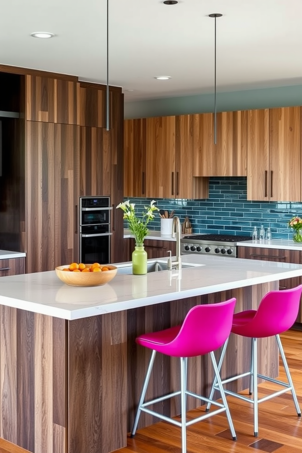 A contemporary kitchen island featuring a blend of materials such as a sleek quartz countertop paired with rustic wooden cabinetry. The island is adorned with stylish bar stools in a vibrant color, creating a focal point in the open-concept kitchen space.