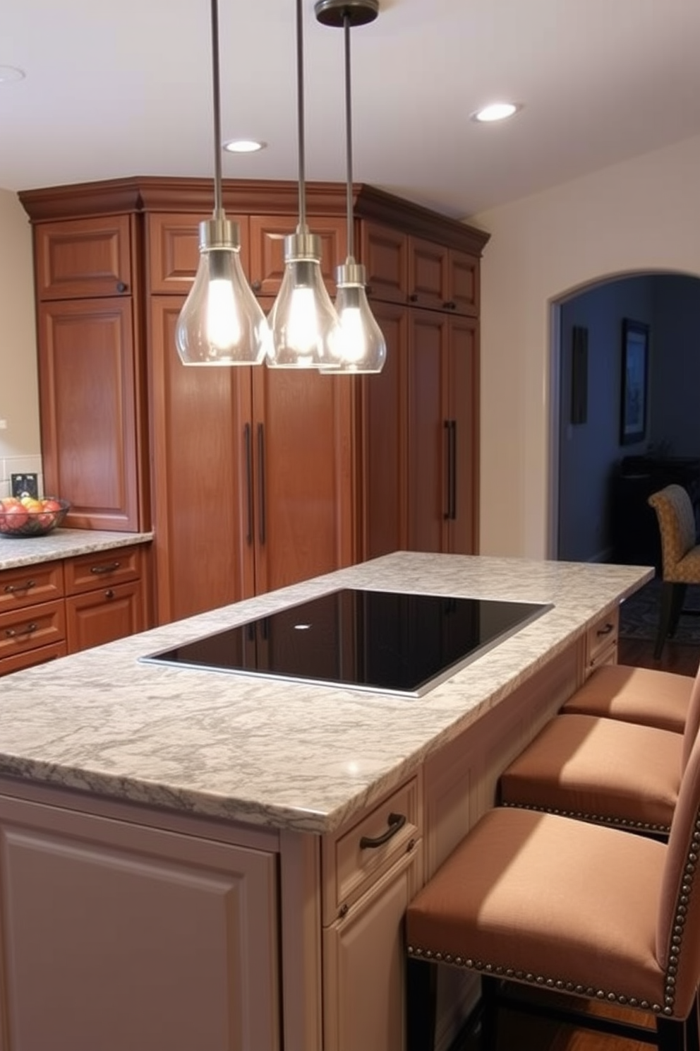 A spacious kitchen island with integrated seating creates a warm and inviting atmosphere for family gatherings. The island features a sleek countertop with bar stools that seamlessly blend into the overall design, offering both functionality and style.