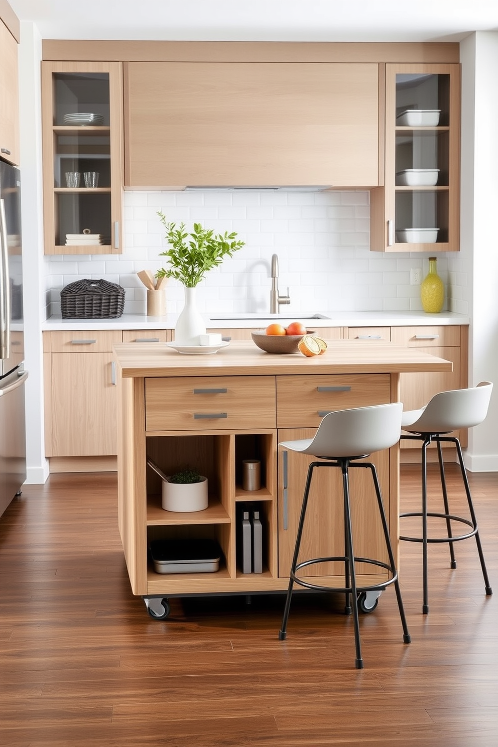 A portable island on wheels with a sleek modern design sits in the center of the kitchen. It features a light wood finish and a spacious countertop for meal prep and dining. The island is equipped with ample storage space, including open shelves and drawers. Surrounding it are stylish bar stools that complement the overall kitchen aesthetic.