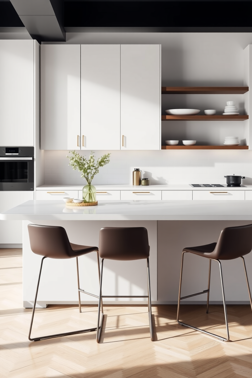 A contemporary kitchen island with a sleek, minimalist design featuring a smooth white countertop and built-in storage. The island is surrounded by modern bar stools with chrome accents, and pendant lights hang above, casting a warm glow.