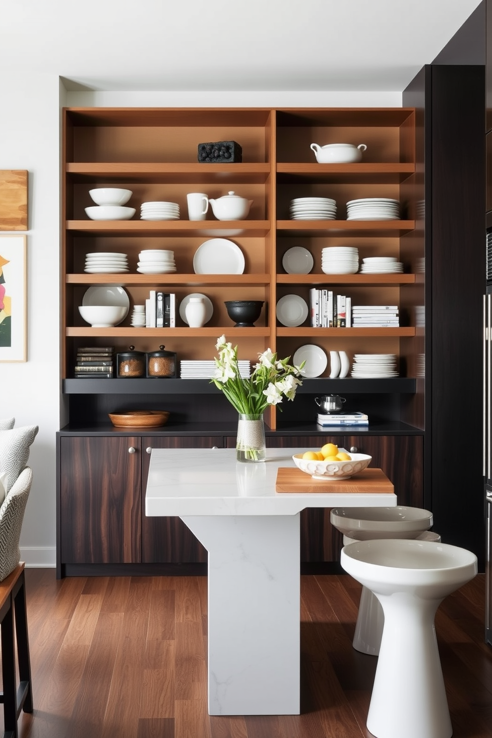 A marble topped island serves as the centerpiece of a modern kitchen, exuding elegance and style. Surrounding the island are sleek bar stools that complement the sophisticated design, creating a perfect space for entertaining guests. The cabinetry features a mix of dark wood and white finishes, enhancing the contrast with the marble surface. Pendant lights hang above, casting a warm glow that invites both functionality and aesthetic appeal.