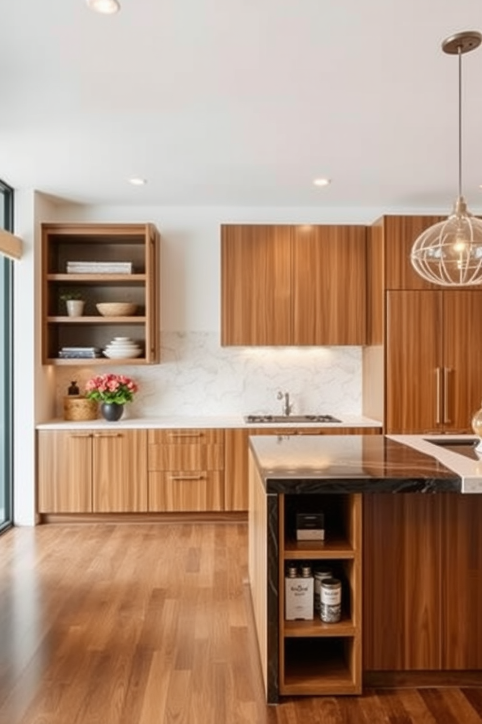 A brightly colored kitchen island serves as the focal point of the space, featuring a bold turquoise hue that contrasts beautifully with the surrounding cabinetry. The island is topped with a sleek white quartz countertop, providing ample space for meal preparation and casual dining. Underneath the countertop, stylish open shelving displays vibrant cookbooks and decorative dishware, adding personality to the design. Pendant lights with a modern design hang above the island, casting a warm glow and enhancing the inviting atmosphere of the kitchen.