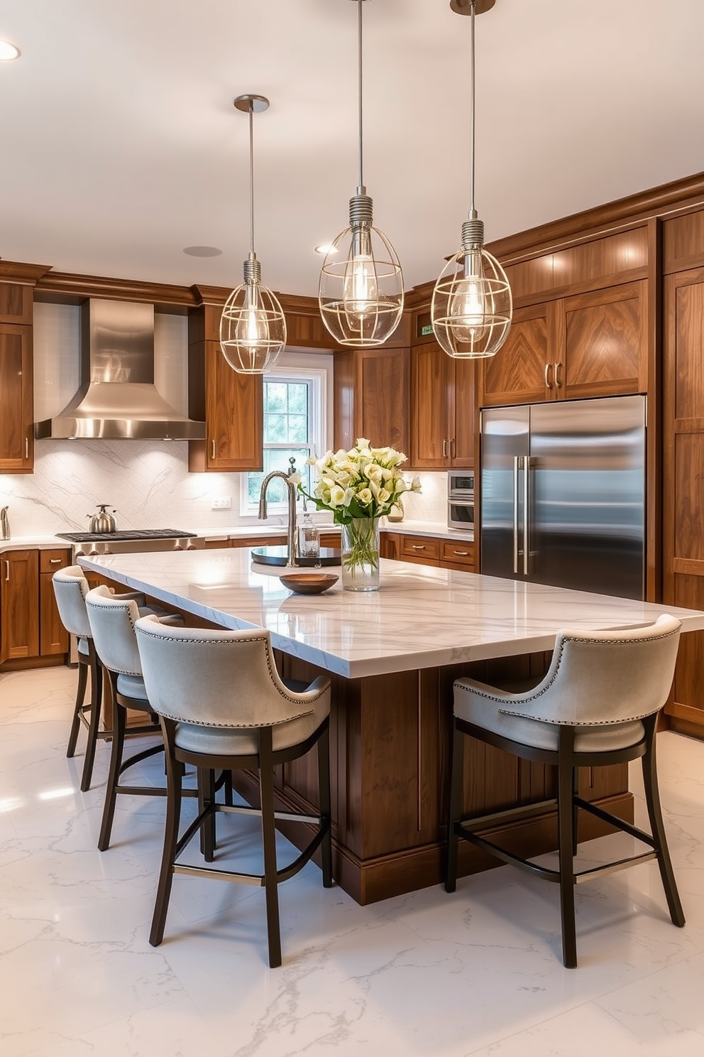 A stunning kitchen island featuring a luxurious marble countertop that serves as the focal point of the space. The island is surrounded by elegant bar stools with plush upholstery, creating a perfect spot for casual dining and entertaining. Bright pendant lights hang gracefully above the island, illuminating the workspace while adding a touch of sophistication. The cabinetry surrounding the island is a rich wood finish, complementing the marble and enhancing the overall warmth of the kitchen.