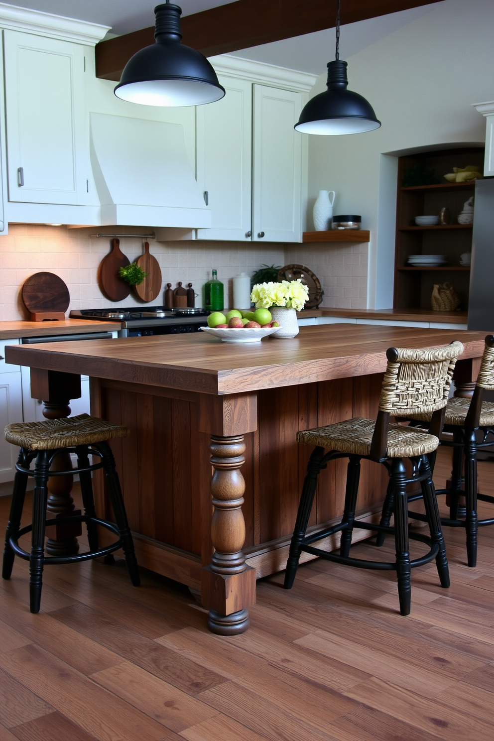 A rustic wood island with farmhouse charm is the centerpiece of the kitchen. The island features a distressed finish with visible grain and knots, complemented by sturdy, turned legs and a spacious countertop for meal preparation. Surrounding the island, there are vintage bar stools with woven seats that add to the cozy atmosphere. Pendant lights with a matte black finish hang above, casting a warm glow over the inviting space.