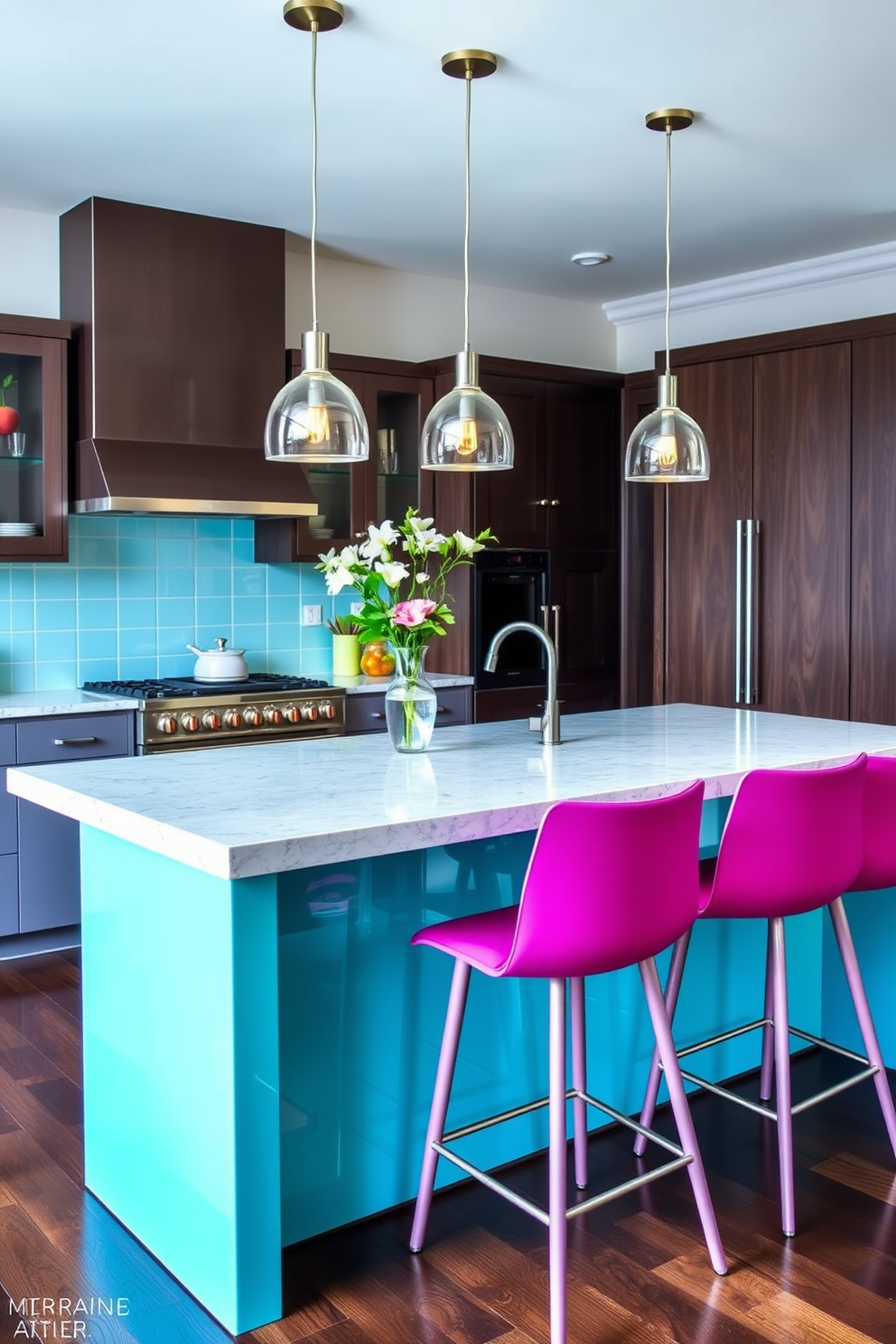 A vibrant kitchen island stands at the center of the room, featuring a glossy finish in a bold shade of turquoise. Surrounding the island are sleek bar stools with modern designs, inviting guests to gather and enjoy the space. The island is adorned with a stunning quartz countertop that contrasts beautifully with the colorful base. Pendant lights hang above, providing warm illumination and enhancing the cheerful atmosphere of the kitchen.