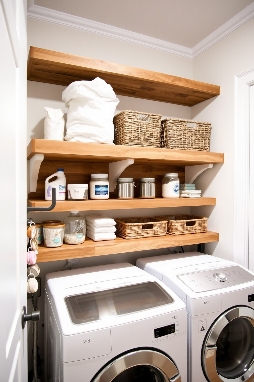 A stylish laundry room featuring open shelving for laundry essentials storage. The shelves are made of reclaimed wood and are neatly organized with baskets and jars for detergent and fabric softener.