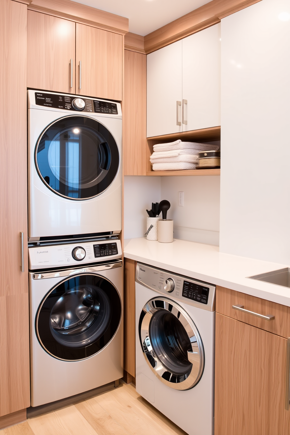 A modern kitchen laundry room features stackable appliances seamlessly integrated into cabinetry. The design includes a sleek countertop for folding laundry and ample storage above and below for organization.