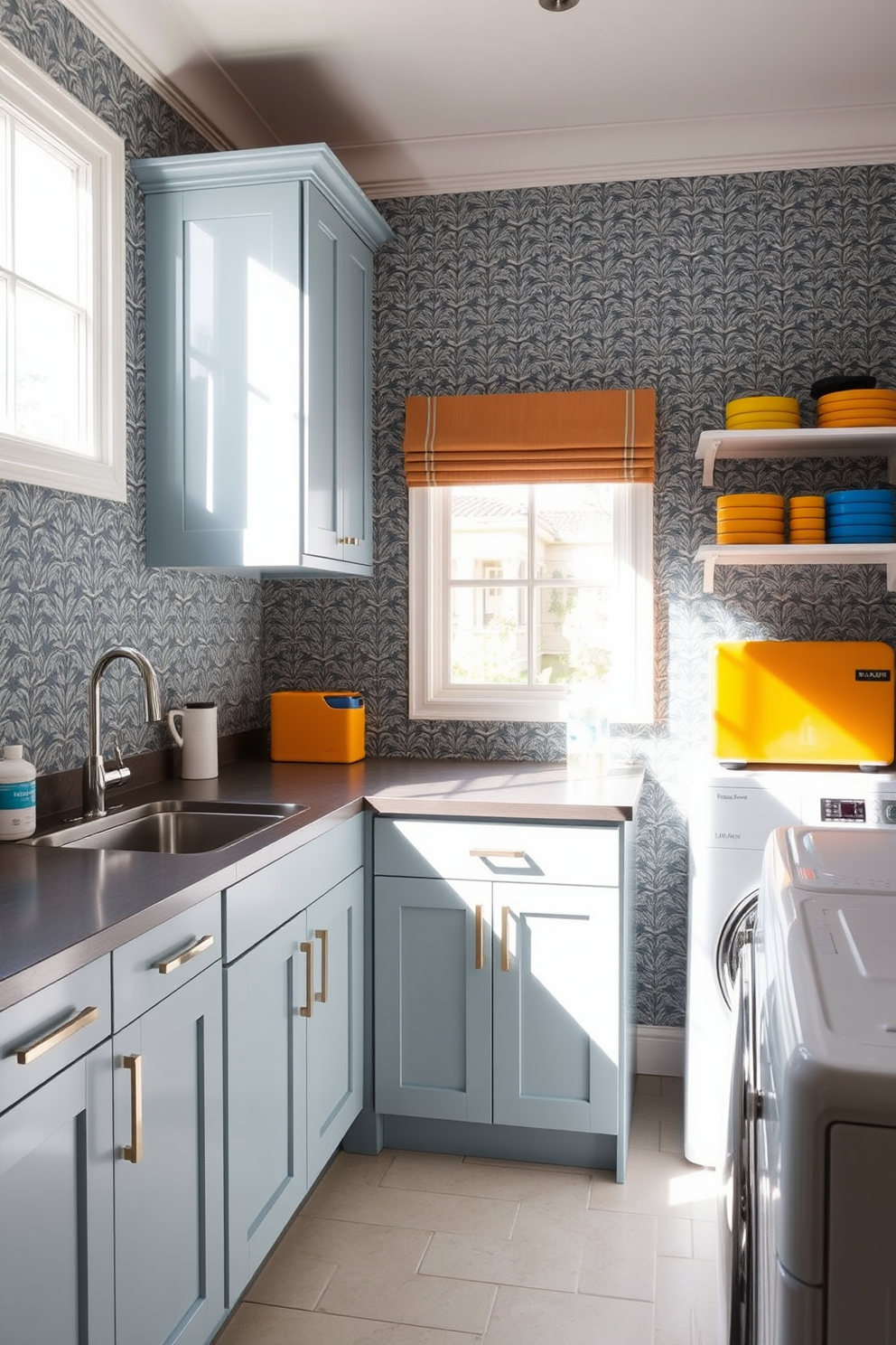 A stylish kitchen laundry room with patterned wallpaper that adds a pop of color and texture to the space. The room features a sleek countertop with a built-in sink and ample storage cabinets that blend functionality with aesthetic appeal. Brightly colored appliances complement the wallpaper, creating a cohesive look throughout the room. Natural light floods in through a window, illuminating the space and enhancing the inviting atmosphere.