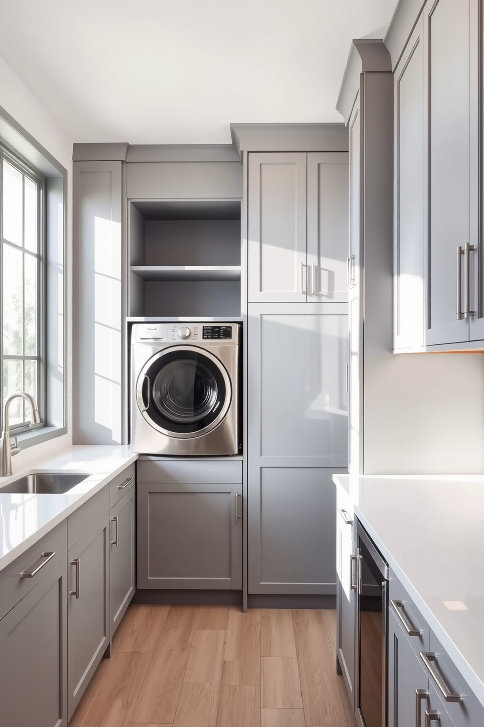 A modern kitchen laundry room featuring sleek cabinetry in a soft gray finish. The space includes a large window that allows natural light to flood in, illuminating the white quartz countertops and stainless steel appliances. On one side, a stacked washer and dryer are neatly integrated into the cabinetry, with open shelving above for storage. The floor is adorned with light wood planks, creating a warm and inviting atmosphere.