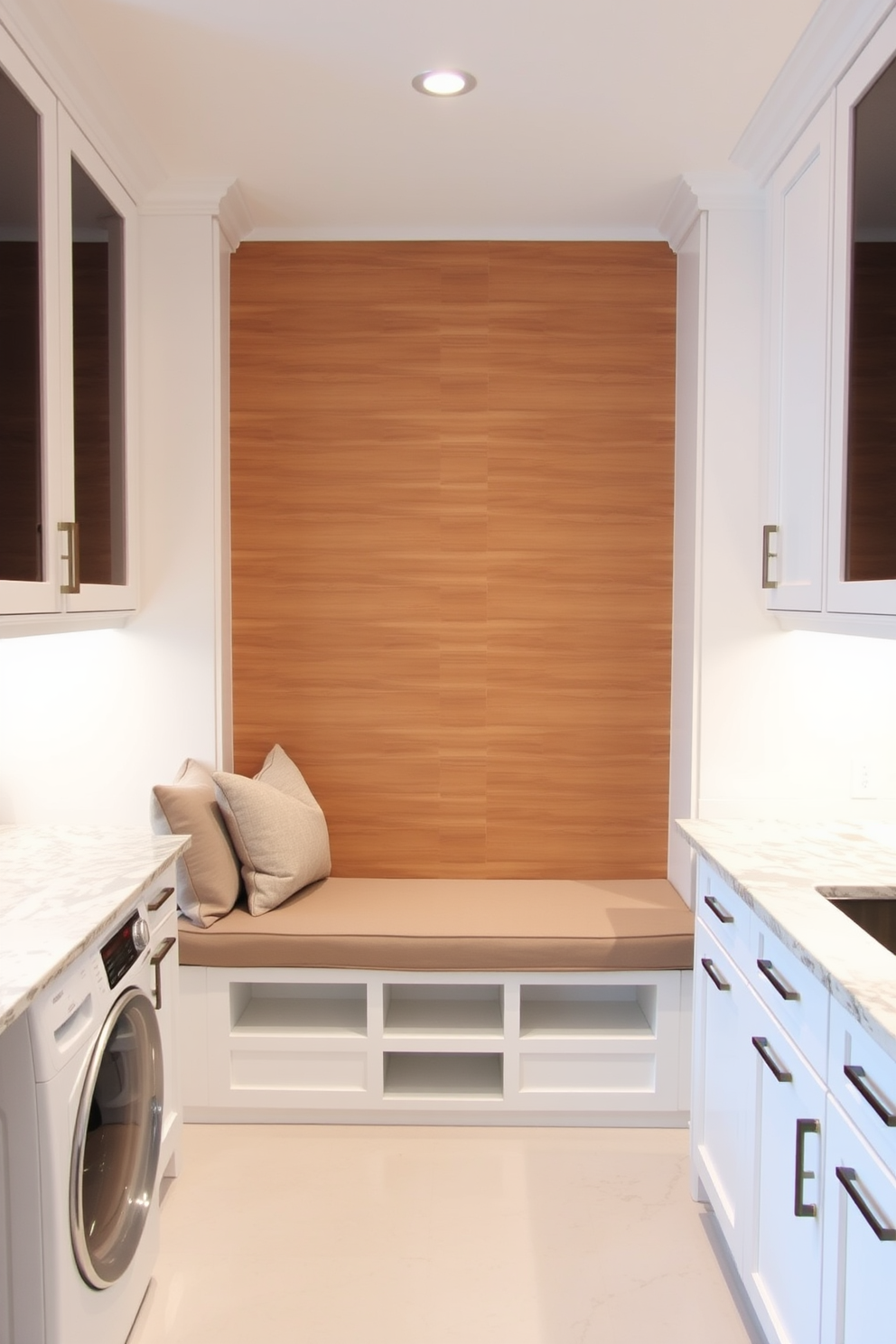 A modern kitchen laundry room design featuring a sleek bench with soft cushions for a cozy seating area. The space includes built-in cabinetry with a clean white finish, and the countertops are made of polished granite, providing ample workspace.