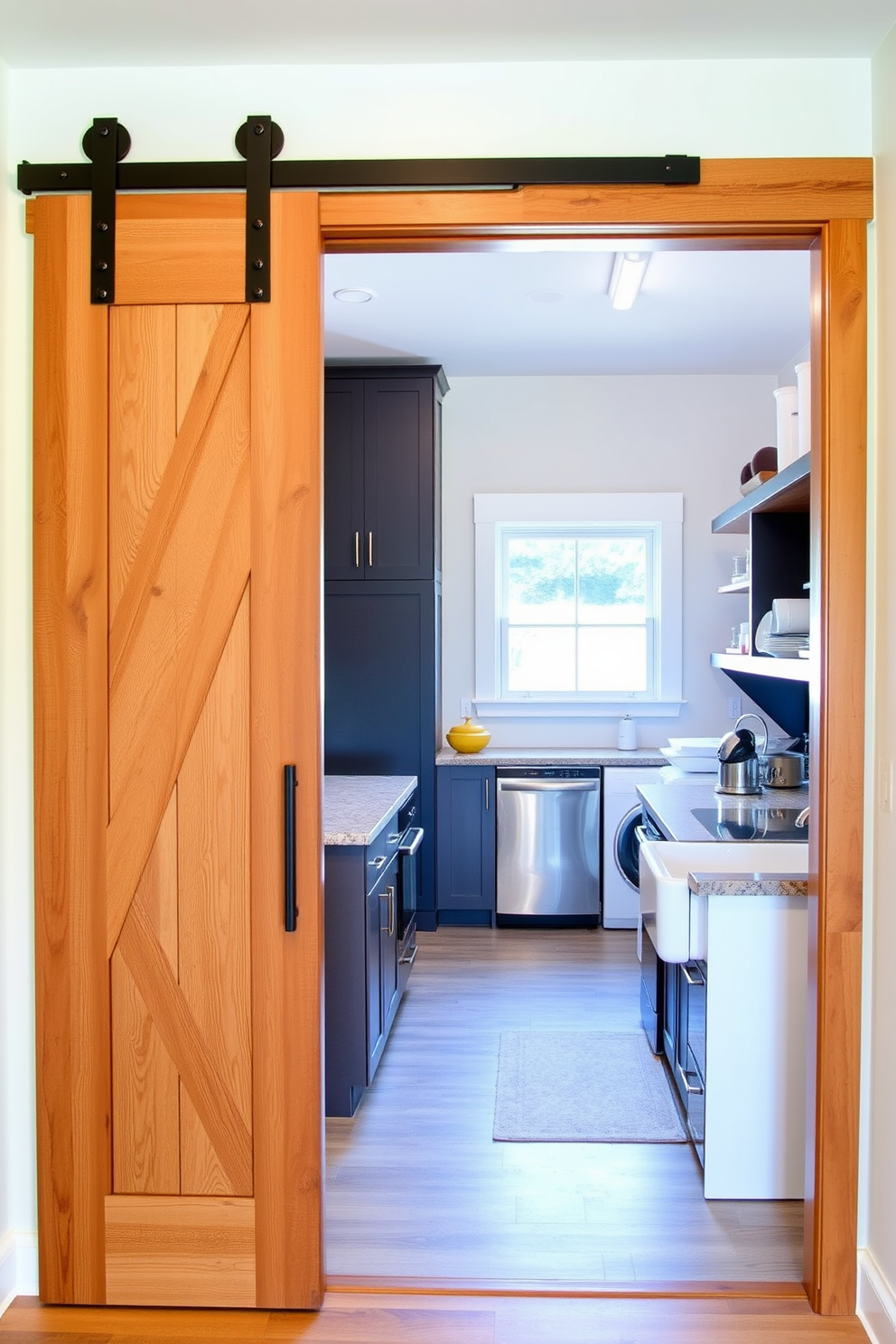 A stylish entryway features a rustic barn door that adds charm and character to the space. The door is complemented by a warm wood frame and leads into a bright and inviting kitchen laundry room. Inside the kitchen laundry room, a combination of sleek cabinetry and open shelving creates an efficient and organized layout. The space is designed with modern appliances and a farmhouse sink, enhancing both functionality and aesthetic appeal.