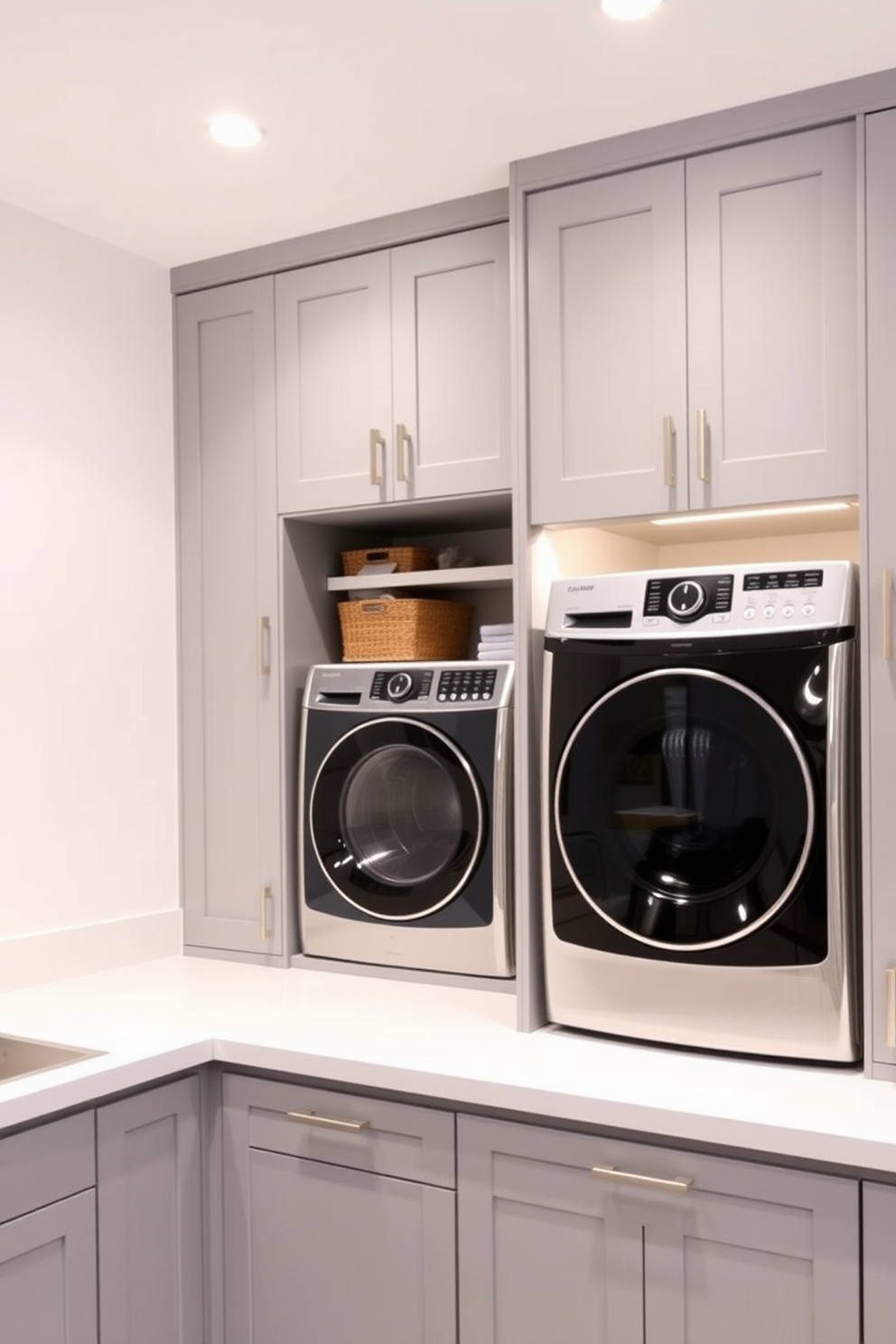 A modern kitchen laundry room featuring sleek cabinetry in a soft gray finish. Task lighting is installed above the work areas, illuminating the countertops and providing ample brightness for daily activities. The laundry area includes a stylish washer and dryer set, seamlessly integrated into the cabinetry. A practical folding station is positioned nearby, complemented by organized storage solutions for laundry essentials.