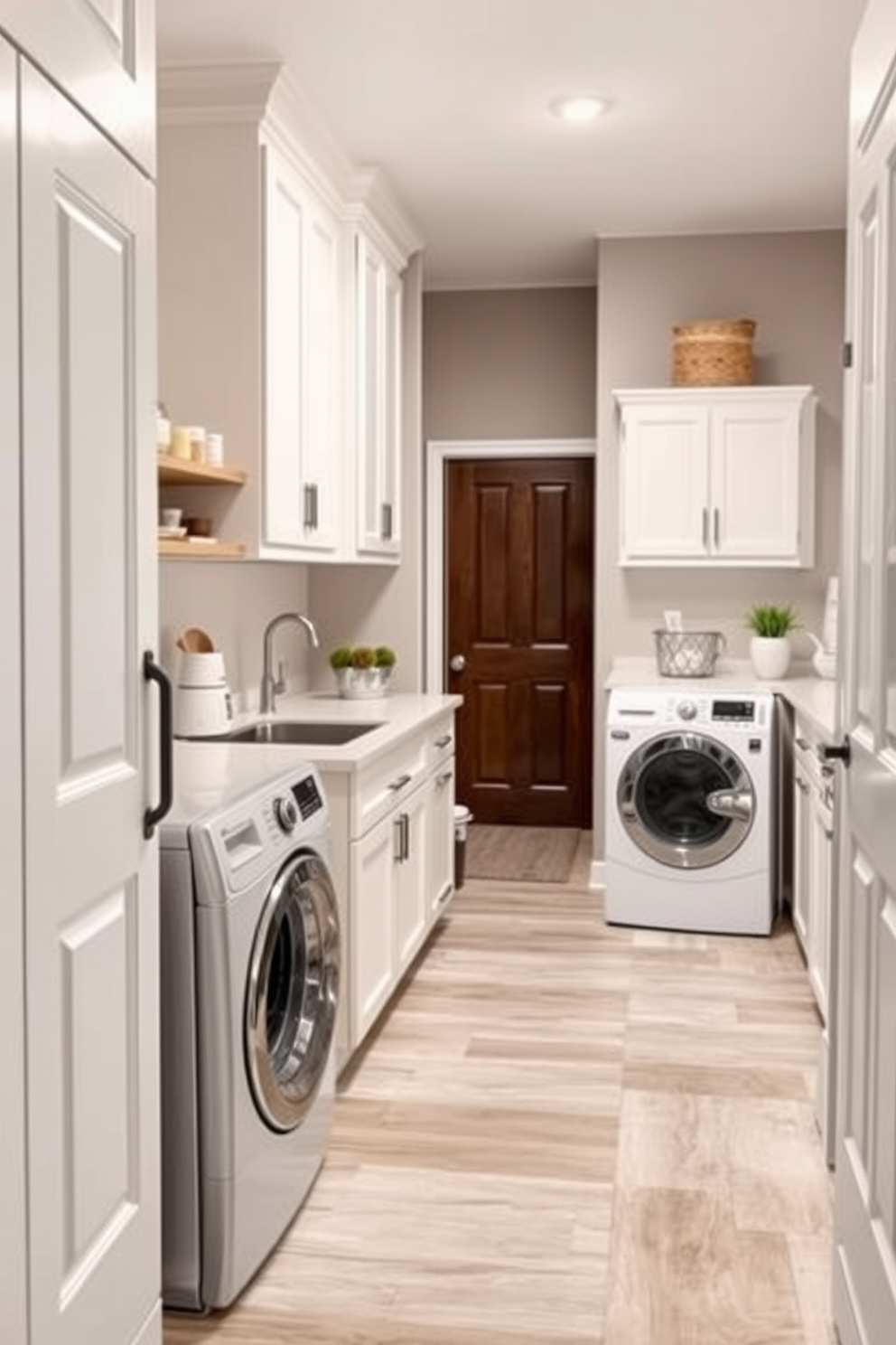 A modern kitchen laundry room features pull-out drying racks seamlessly integrated into the cabinetry for maximum convenience. The space is designed with sleek countertops and ample storage, ensuring functionality while maintaining a stylish aesthetic.